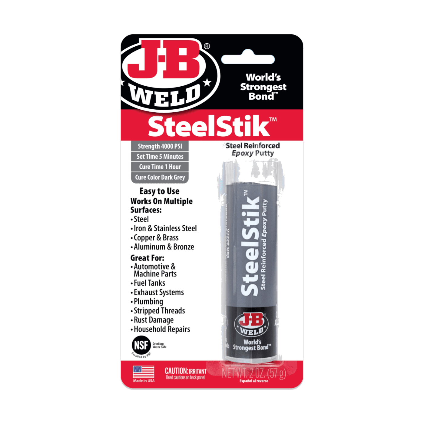 JB Weld SteelStik Steel Reinforced Epoxy Putty Stick 57g Metal Repair Compound - J-B WELD - 8267