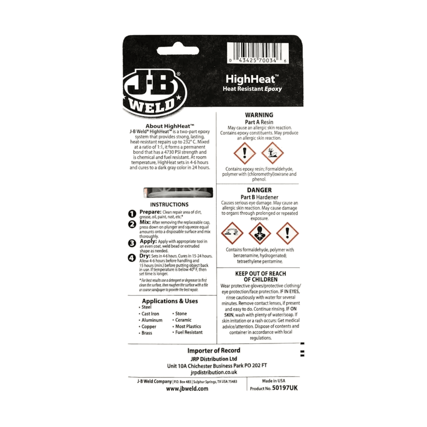 J-B Weld HighHeat 50197 Heat Resistant Epoxy Adhesive 25ml - J-B WELD - 50197 image 2